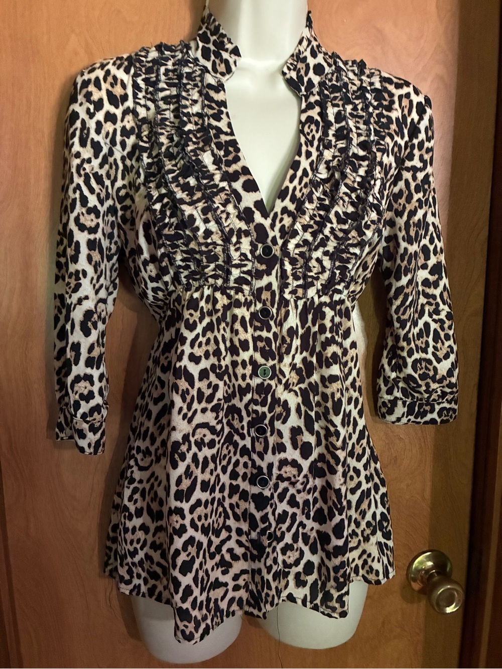 Love Leopard Print Ruffle Button-Down Top - Beige/Black